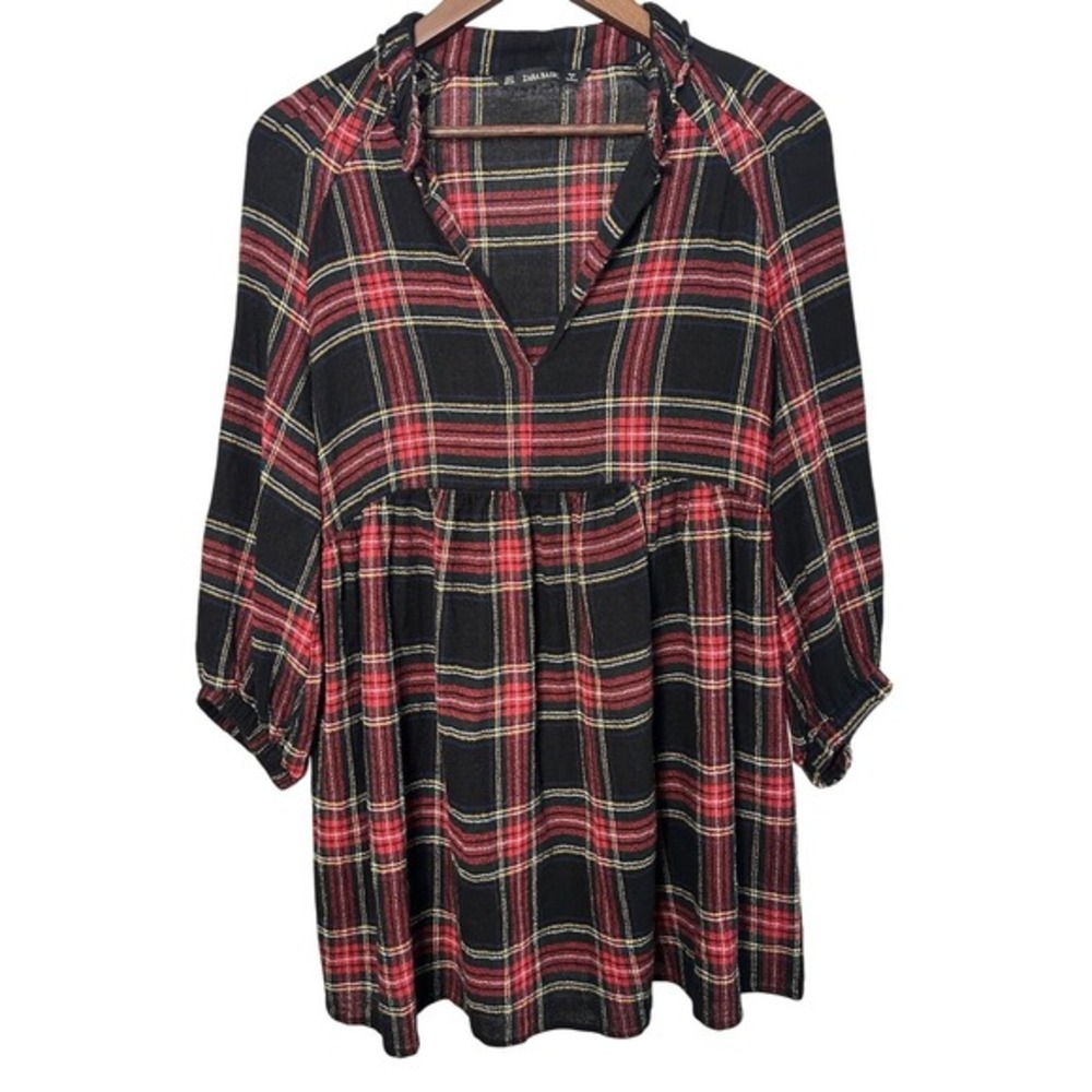 Zara Basic Women Small Red Black Plaid Ruffle V-Neck Babydoll Tunic Dress